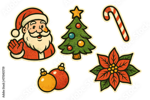 Retro Christmas stickers set with halftone texture. Vintage Santa Claus, tree, candy cane, poinsettia, ornaments. Traditional winter holiday festive vector illustration.