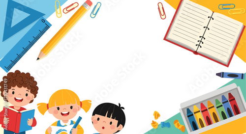 Cheerful cartoon kids in a vibrant frame of school supplies, a colorful vector illustration for educational concepts
