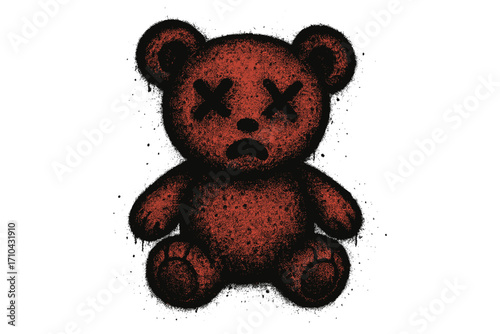 Urban graffiti spray paint creepy teddy bear. Dead sad toy with x-eyes. Textured sprayed vector illustration. Street art style grunge stencil graphic. Isolated character.