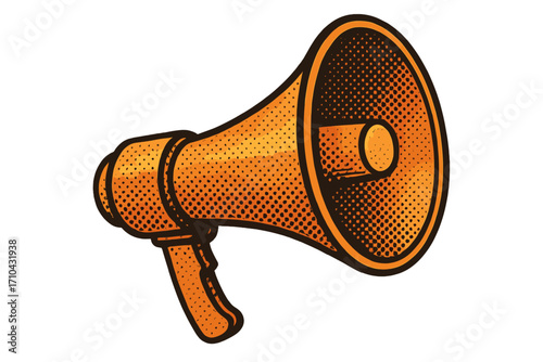 Vintage megaphone pop art dotted halftone style vector. Loudspeaker for public announcement, protest or alert. Retro loud hailer for news, communication and marketing.