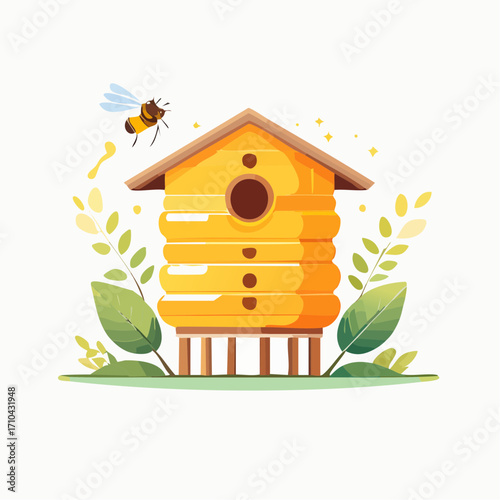Beehive Illustration A Cartoonish Depiction of a Honeybee's Home with a Flying Bee, Featuring Botanical Elements and Simple Design