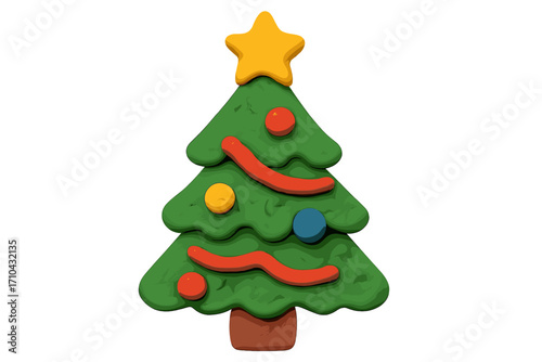 Christmas tree clay 3D icon. Plasticine cute fir tree with star. Winter holiday design element. Xmas handmade toy decoration for kids. Cartoon craft vector illustration isolated.