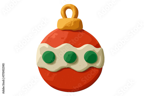 Clay Christmas tree ball in a naive childish style. Isolated raster plasticine toy ornament. Red and green handmade Xmas decoration for winter holidays and festive design.
