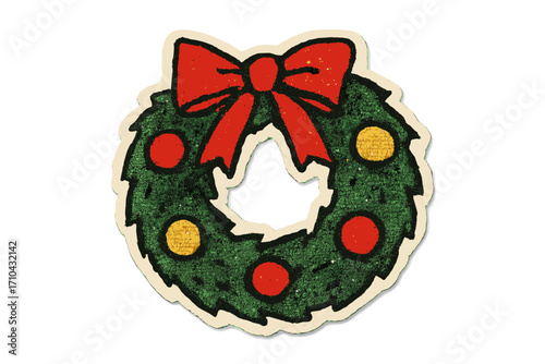 Christmas wreath collage sticker. Torn paper cutout illustration with halftone texture. Festive holiday scrapbooking element. Retro cartoon vector for Xmas decoration design.