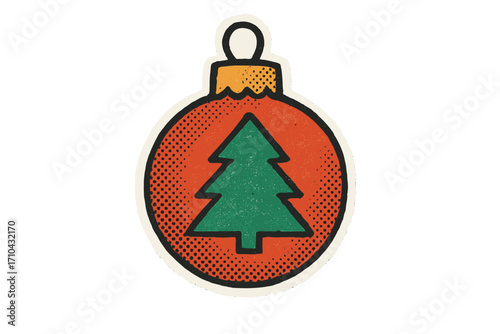 Christmas tree bauble in retro halftone style. Vintage holiday ornament vector illustration. Xmas decoration designed as a torn paper sticker or magazine cut-out shape.