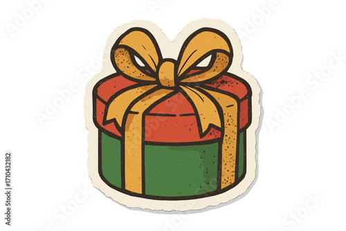 Christmas gift box present vector. Retro halftone collage style. Torn out paper sticker. Vintage clipping scrap from magazine. Holiday cartoon icon for festive design.