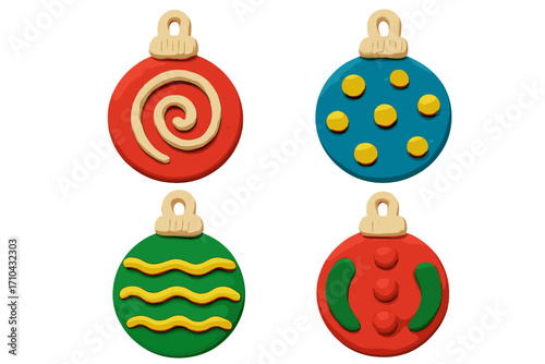 Set of Christmas baubles plasticine toy. Cute color clay ornament for holiday decoration. Naive childish style 3d render icons. Vector cartoon festive illustration isolated.