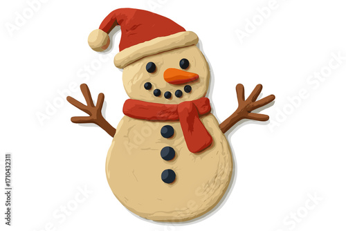 Cute snowman in Santa hat, Christmas clay animation. Festive winter character from plasticine. Handmade holiday toy decoration. Happy new year greeting card illustration.