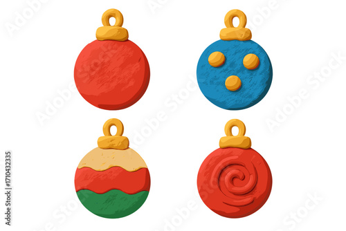 Set of Christmas baubles in childish plasticine style. Colorful holiday ornaments. Clay art decoration for winter celebration. Isolated 3D vector cartoon illustration.