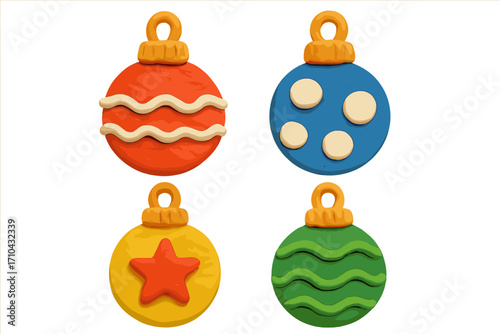 Christmas bauble ornament set. Colorful holiday plasticine toys in naive childish style. Handmade clay decoration elements for Xmas tree. Isolated vector illustration concept.