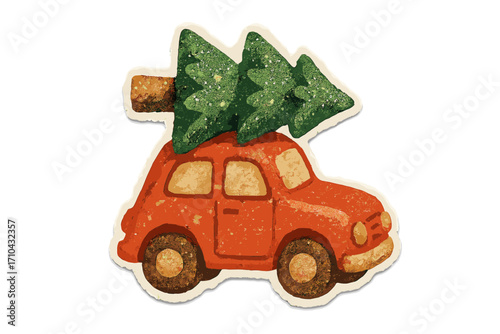 Red car with Christmas tree on roof. Vintage torn paper sticker for holiday collage. Naive cartoon illustration for Xmas. Retro winter vehicle with pine. Festive clay toy style.