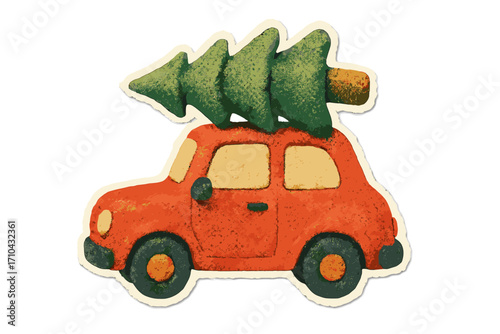 Red car with Christmas tree on roof. Vintage holiday vector illustration in torn paper collage sticker style. Naive cartoon for festive winter design. Xmas travel concept.