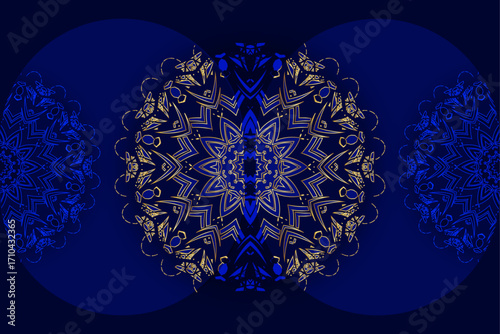 Ornamental blue mandala with golden geometric floral accents and elegant symmetrical reflection