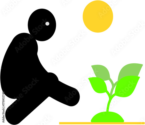 vector, Simple graphic of a person nurturing a plant under the sun  