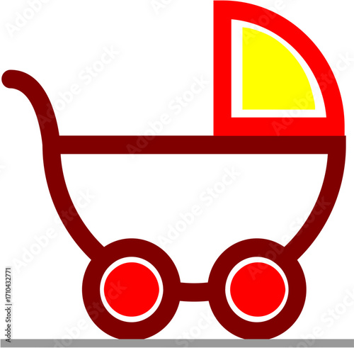 vector, Colorful baby stroller with red wheels and yellow canopy  