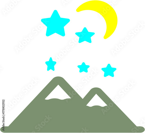 vector, Night scene with mountains, stars, and crescent moon in vibrant colors  