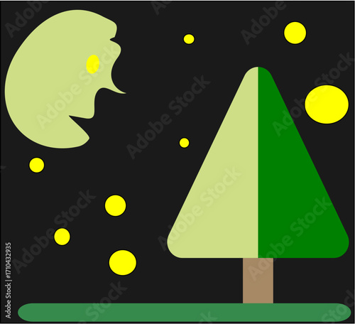 vector, Abstract tree and moon with glowing stars in night sky  