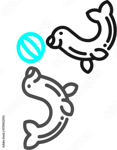 vector, Two playful seals swimming and playing with a ball in water  
