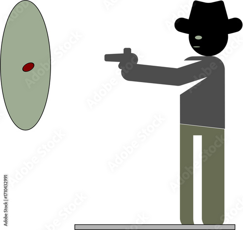 vector, Stylized figure aiming handgun at shooting target in practice range  
