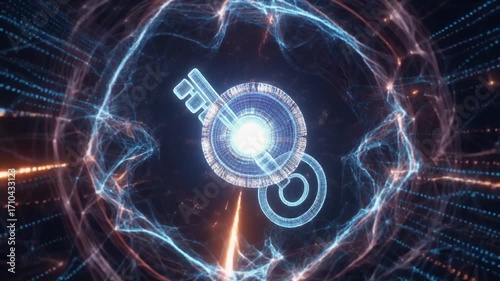 A digital illustration of a futuristic key with glowing effects.