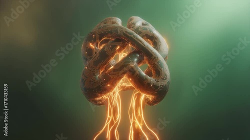 A digital art piece featuring a circuit-inspired intertwined design.