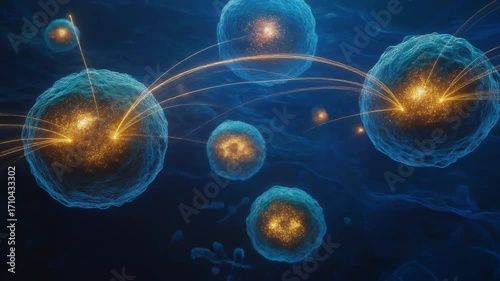 Colorful depiction of cells in a dark blue background.