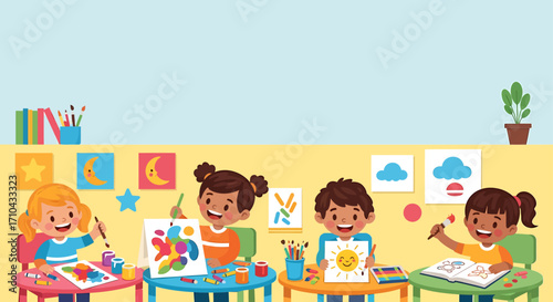Engaged kids explore artistic talents with paints and crayons, fostering creativity and learning in a vibrant early education environment