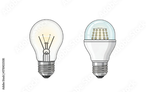 Illustration comparing a traditional incandescent light bulb with a modern energy-efficient LED bulb, showcasing their distinct designs.