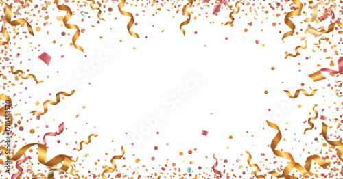 Elegant golden confetti and streamer frame for luxury invitations, celebration cards, and event promotion