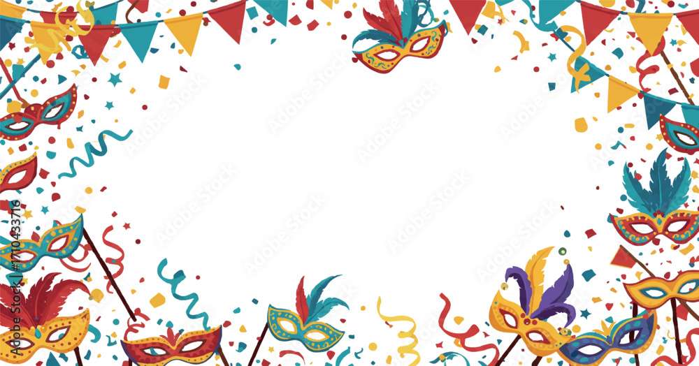 Fototapeta premium Carnival mask and confetti streamer border for masquerade invitations, party flyers, and festive designs