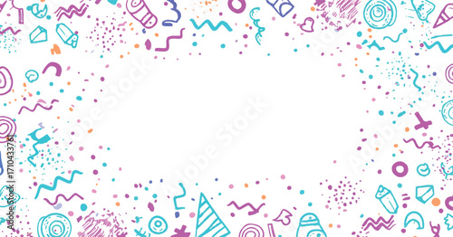 Hand drawn party element border with confetti and streamers for creative invitations, cards, and craft projects