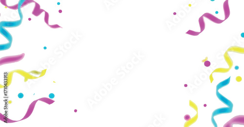 Scattered colorful streamers and confetti scatter for party backgrounds, printables, and web graphics