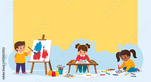Happy diverse children enjoying art class, painting and drawing together. A colorful vector illustration of kids' creativity and learning