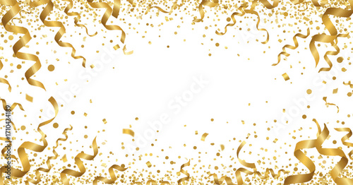 Golden streamers and confetti for elegant celebration backgrounds, luxury event invites, and banners