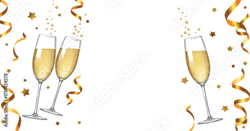 Champagne celebration with golden confetti and ribbons for wedding invites, party promos and event headers