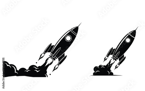 Two monochrome rocket ship illustrations launching.