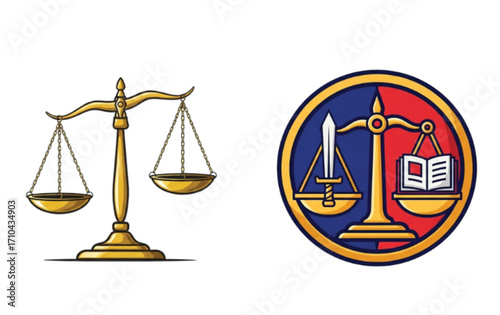 Two illustrations of the Scales of Justice, one a simple golden balance scale and the other a more complex circular emblem featuring a sword and an open book.