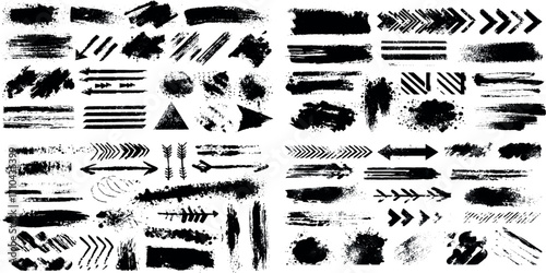 Set of black ink splashes brush stroke with grunge stains, abstract blot marks, paint drips, artistic splatters, distressed textures for design.