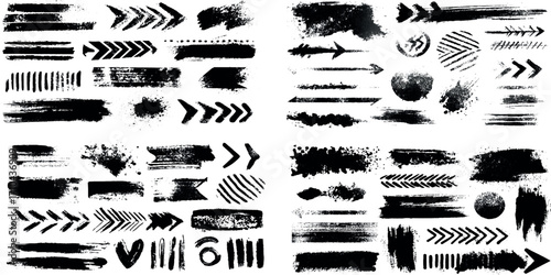 Collection of black ink splashes brush strokes with grunge edges, distressed paint strokes textures, abstract artistic marks, hand-drawn design elements.