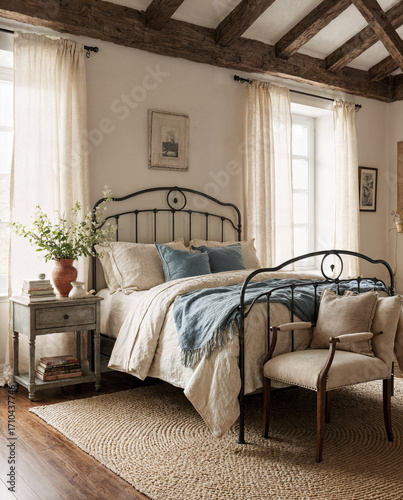 French Country Bedroom with Exposed Wooden Beams, Linen Bedding, and Rustic Elegance