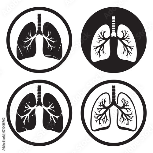 Four circular icons displaying lungs in black and white variations for medical health