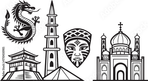 Cultural icons vector art collection for global branding and international business themes design project