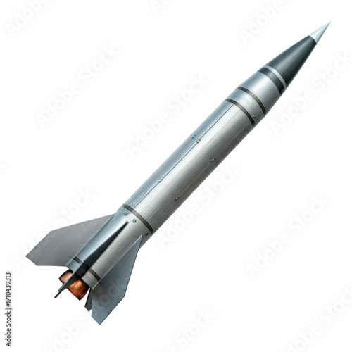 Silver Rocket Missile with Transparent Background in Bright Lighting Showing Metallic Body Detailed Fins and Rocket Engine Nozzle Exhaust Ready to Launch