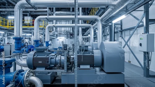 Industrial Machinery Operating in Modern Factory with Extensive Piping and Equipment