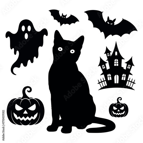 alloween Silhouettes Vector Black Cat, Ghost, and Pumpkin Halloween Collection