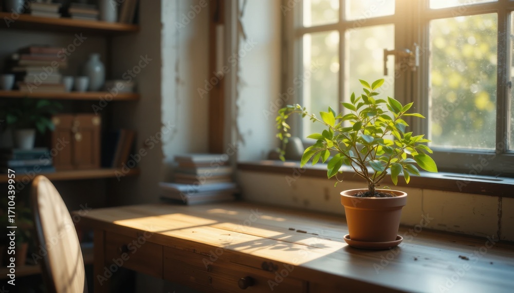 Fototapeta premium Wooden work desk by the window with sunlight hitting a small potted jade plant, creating a refreshing scene.