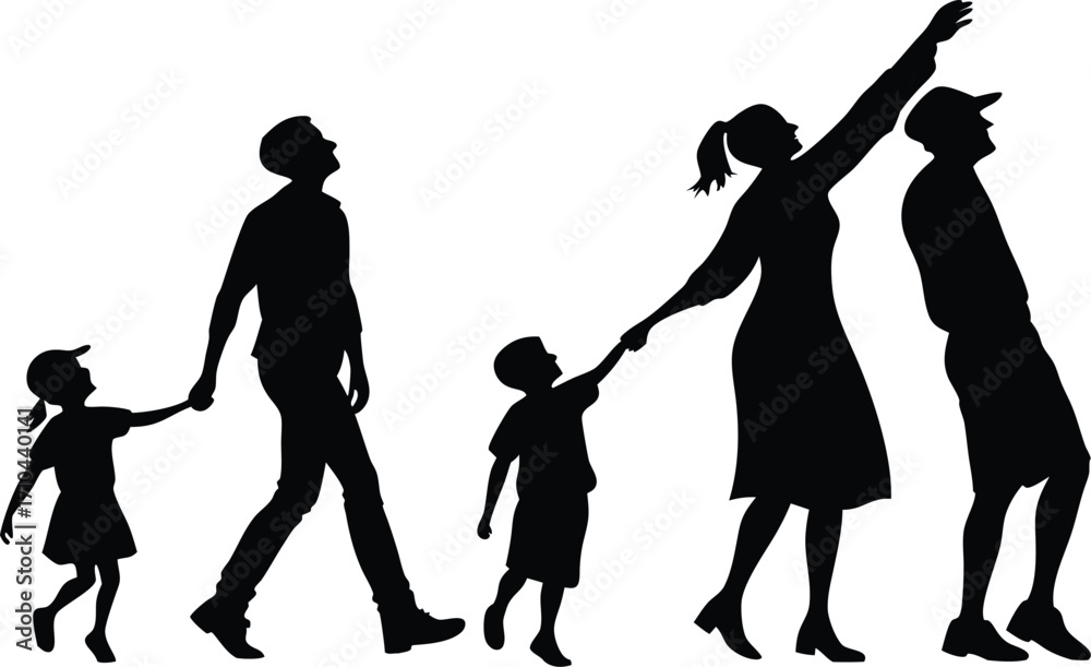 Obraz premium Joyful family silhouette walking together, creating lasting memories and shared adventures.
