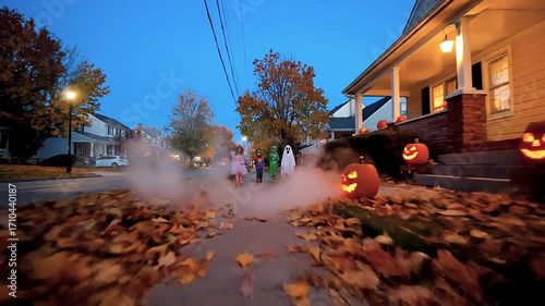 Costumed children trick-or-treating along neighborhood sidewalk, surrounded by glowing jack-o'-lanterns, autumn leaves, and misty fog during halloween night