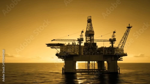 Offshore Oil Platform Standing Tall During Sunset Over Calm Ocean