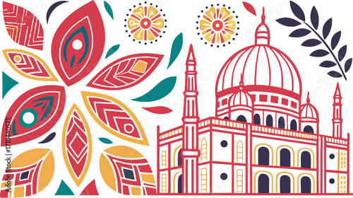 Vibrant Indian monument art with ornate floral patterns and architectural details